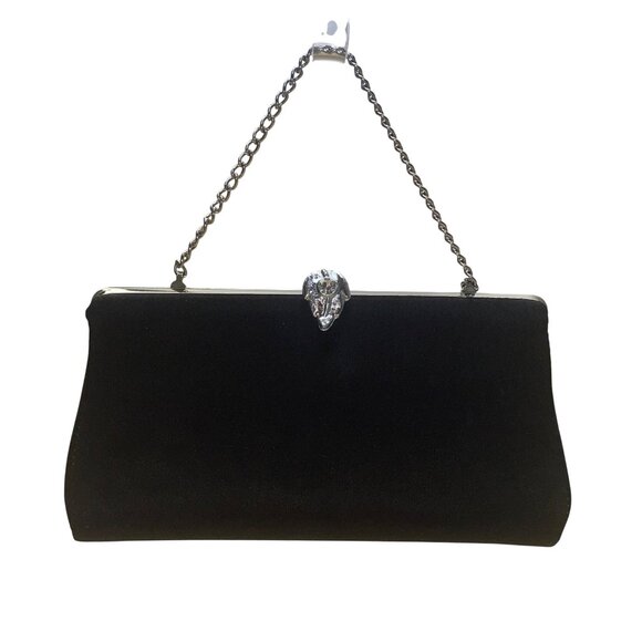 Unbranded Handbags - Black Satin Chain Handle With Silver Rhinestone Leaf Closure Evening Clutch